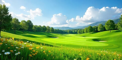 Naklejka premium Serene meadow golf course scene, lush green fairways winding through wildflowers under a bright summer sky Perfect for travel, leisure, and real estate marketing , golf ball, idyllic scene