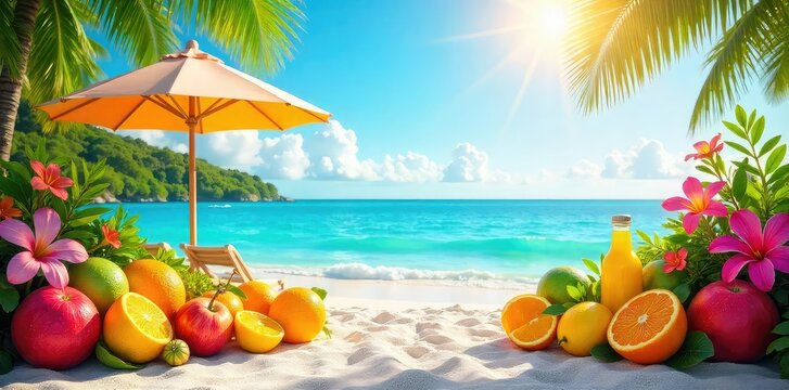 Vibrant summer scene with colorful flowers, juicy fruits, and bright beach umbrellas against a sunny sky Perfect for summer themes, travel, and vacation promotions , sky, summertime, sunshine
