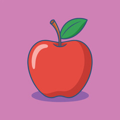 Glossy red apple with green leaf and orange stem on a pink background. Minimalist vector style with blue outline and soft shadow. Perfect for icons, prints, decor.