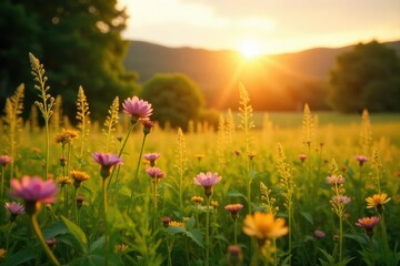 Fototapeta premium Golden hour sunlight bathes a lush green landscape, wildflowers in bloom, hinting at the warmth and vibrancy of summer Perfect for travel, nature, and seasonal themes , landscape, flowers, sun