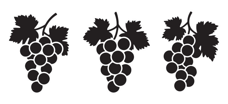 Black grape cluster silhouette with leaves in a minimalist vector style, simple design representing freshness and natural food