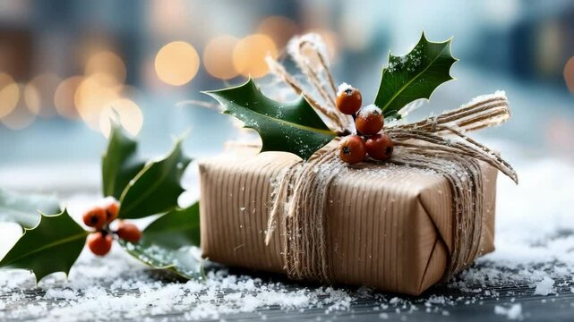 Festive Christmas gift box wrapped in brown paper and tied with rustic twine, adorned with holly leaves and berries, set on a snowy surface.