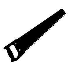 A black and white illustration of a handsaw tool for woodworking purposes