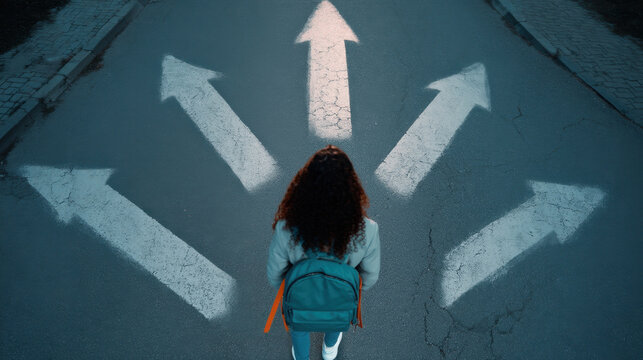 Mixed-race teenager at a crossroads, facing five paths after graduation under dramatic lighting and shadows