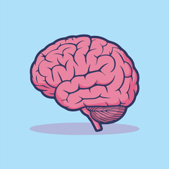 Cartoon-style pink brain with navy outline on light blue background. Minimalist vector with smooth curves and soft purple shadow. Simple, clean, and centered design.