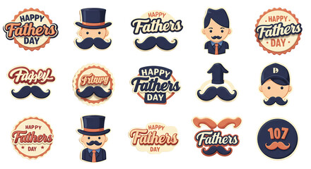 Happy Fathers Day Stickers with Mustache and Hats Celebration