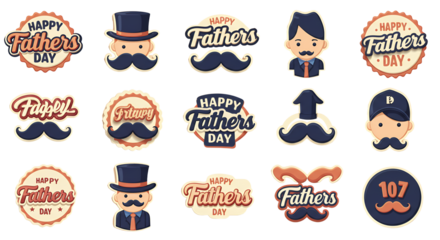 Happy Fathers Day Stickers with Mustache and Hats Celebration