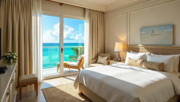 Luxurious honeymoon suite with ocean view, private balcony, and plush amenities Enjoy ultimate relaxation and romance on your special getaway , spacious, sunset, opulent