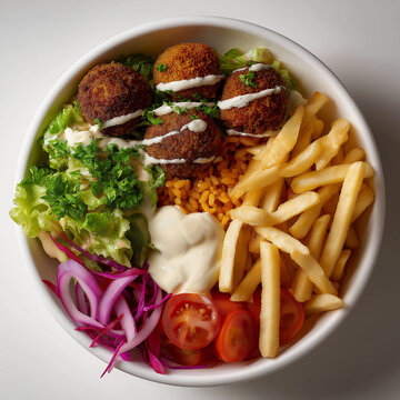 A top-down view of a colorful and appetizing falafel bowl, styled for high-end food advertising. The bowl is white, clean, and minimal, allowing each element to stand out clearly. Inside, several fala