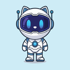 Cute robotic cat in white and navy spacesuit with glowing blue eyes, standing on light blue background. Minimalist, tech-style vector mascot in futuristic cartoon design.