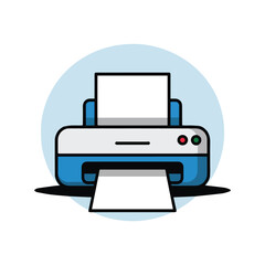 Minimalist flat design illustration of a white and blue printer with paper, buttons, and shadow, centered on a light blue circular background. Clean, modern vector graphic.