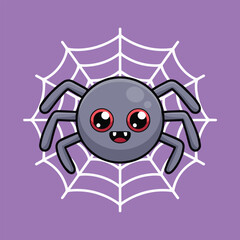 Cute kawaii-style cartoon spider with red eyes and a smile, centered on a white web over a solid purple background. Minimalist design with clean lines and soft shading.