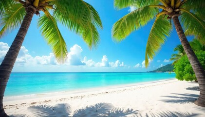 Sun-drenched beach scene with vibrant turquoise water, palm trees swaying gently in the breeze, and soft white sand Perfect for summer vacation and travel themes , nature, sand