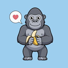 Cute cartoon gorilla with gray body, big black eyes, and a banana, smiling under a speech bubble with a red heart. Child-friendly design on solid light blue background.