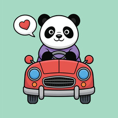 Cute cartoon panda driving a red vintage car with blue headlights and a heart speech bubble. Mint green background, child-friendly art style, clean flat illustration.