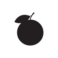 Simple black orange fruit icon silhouette with leaves on a white background, modern minimalist style symbolizing freshness and health