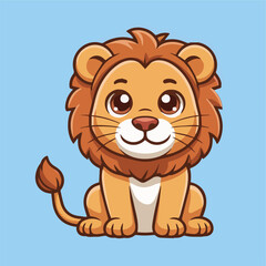 Cute cartoon baby lion with fluffy brown mane, orange-brown fur, and big smiling eyes. Sitting on a light blue background in a child-friendly, warm-toned illustration style.