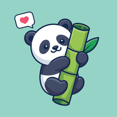 Cute cartoon baby panda hugging a glossy green bamboo stalk on a mint green background. Kawaii style with clean lines, minimal shading, and a heart speech bubble.