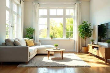 Fototapeta premium Sunlight streams into a bright, freshly cleaned living room, showcasing sparkling surfaces and organized decor , neat, cosy, cleaning