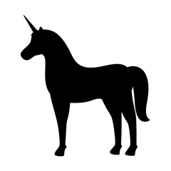 Enigmatic Black Unicorn Silhouette Standing Proudly Against a Clean White Backdrop