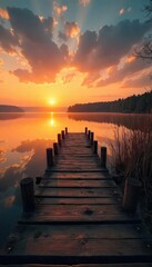 Obraz premium Rustic wooden hunting dock extending over calm lake water at sunrise, perfect for waterfowl hunting Ideal for outdoor, nature, and hunting-related projects , wooden planks, birds