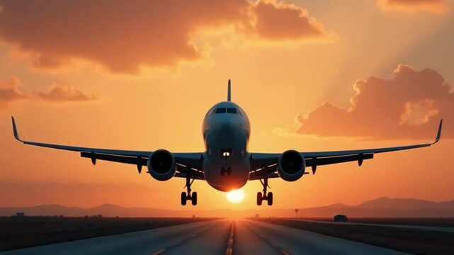 Footage of an airliner approaching landing in a beautiful cloudy sunset sky, long shot, front view
