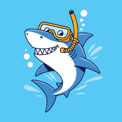 Happy cartoon shark with white body and blue fins wearing yellow diving goggles and snorkel. Smiling with sharp teeth, surrounded by bubbles on a solid light blue background.