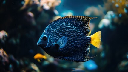 Underwater scene depicting a vibrant coral reef with colorful corals and marine life.