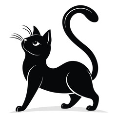 Minimalist Black Cat Silhouette With Upward Gaze, Curled Tail on a White Background