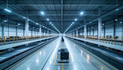 Obraz premium Vast Warehouse with Automated Guided Vehicles and Ambient Lighting
