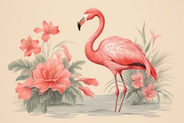 Obraz premium Vintage drawing of flamingo flower animal sketch.