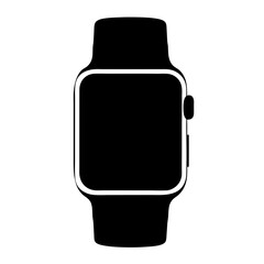 Black Silhouette of Smartwatch with Rectangular Screen, Solid black silhouette of a smartwatch featuring a rectangular screen and adjustable strap, representing modern wearable technology.
