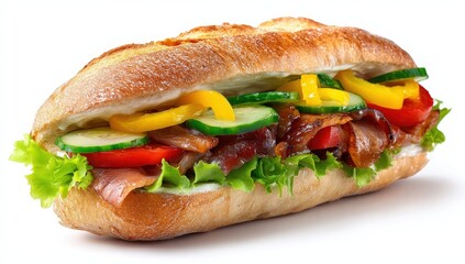 Fresh sandwich loaded with vegetables and bacon.