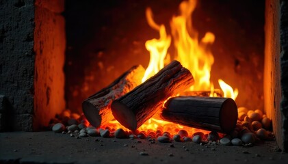 Warm, crackling firewood flames dancing in a fireplace , flames, cozy