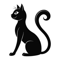 Stylized Sitting Black Cat Silhouette with Elegant Curled Tail on White Background