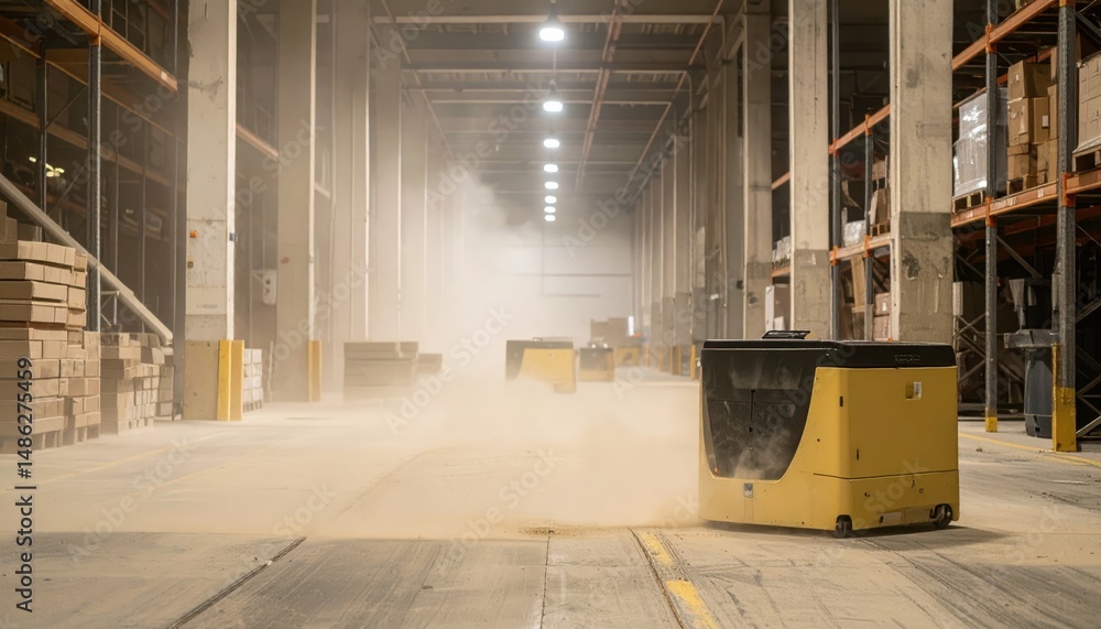Poster weathered warehouse with automated robotic pickers in dusty environment