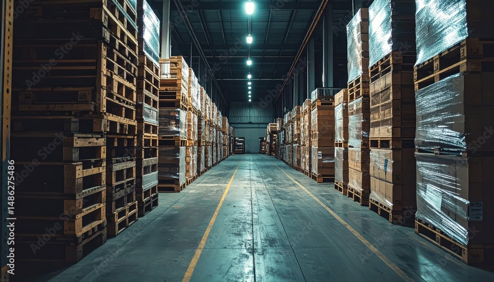 Poster automated warehouse with weathered stacked pallets in ambient lighting