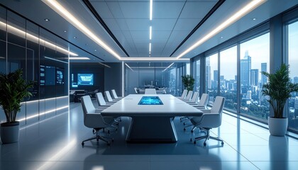Modern workspace featuring cutting edge technology and breathtaking urban skyline.