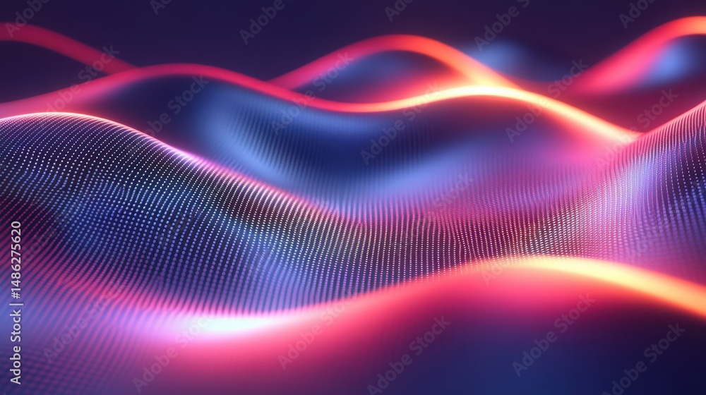 Poster abstract waves of glowing pink and blue light over a textured surface with small dots pattern. abstr