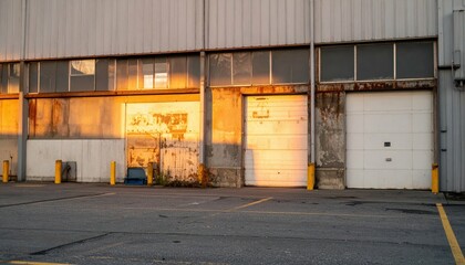 Fototapeta premium Weathered Cargo Warehouse Bathed in Golden Hour Light