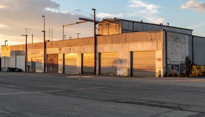 Weathered Warehouse at Golden Hour with Industrial Lighting Effects