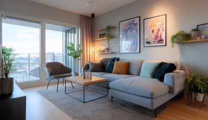 Modern living room with cozy decor and city view.