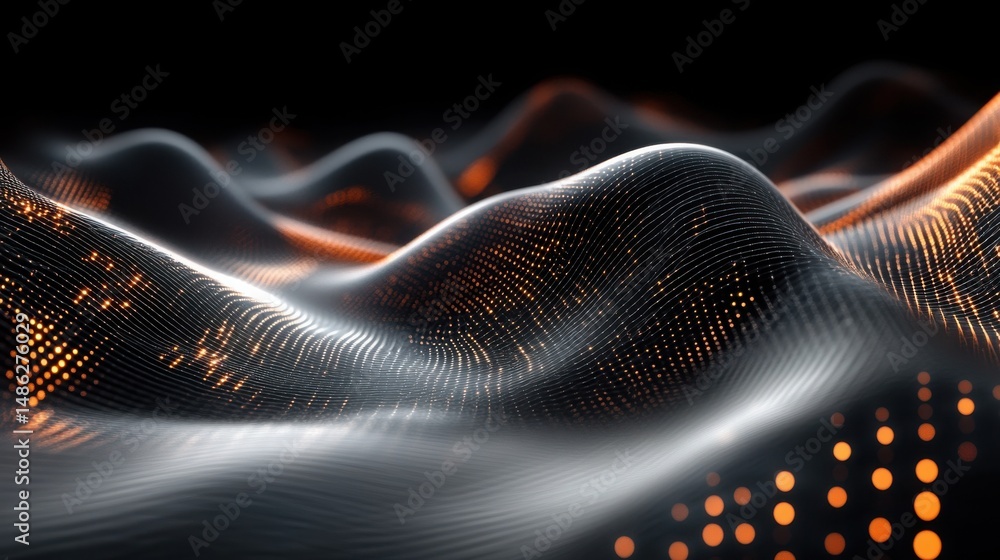 Aufkleber abstract dark landscape with orange lights and wavy lines forming a digital surface design. abstract