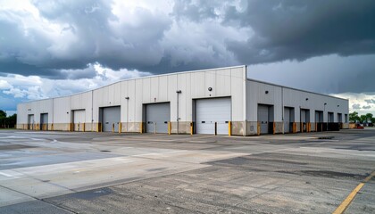 Naklejka premium Weathered Storage Building Under Stormy Skies with Cold Atmosphere