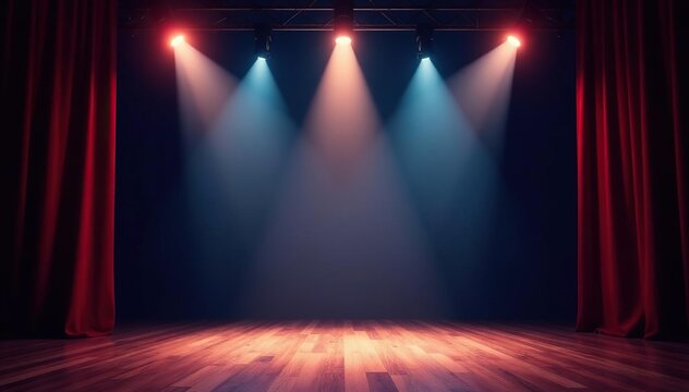 Spotlights illuminate empty theater stage, dramatic shadows , stage lighting equipment, control