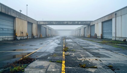 Weathered Cross Dock Facility in Misty Atmosphere Without People