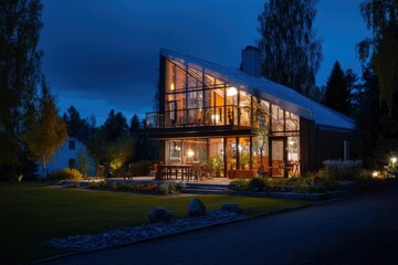 Modern glass house illuminated at night in a serene forest.