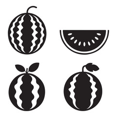 Simple black watermelon fruit icon silhouette with leaves on a white background, modern minimalist style symbolizing freshness and health