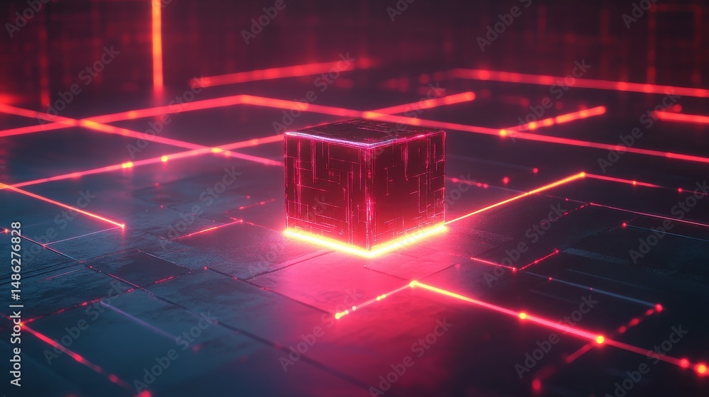 Poster a glowing red cube on a circuit board with red lines creating a futuristic technology scene view. ab