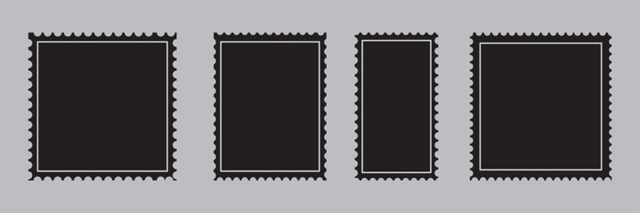 Set of postage stamps. Post stamp frame and border. Grey square and rectangular template for mail, postcard, letter. Jagged wavy edge forms. Vintage objects for poster, banner, badge, sticker. Vector